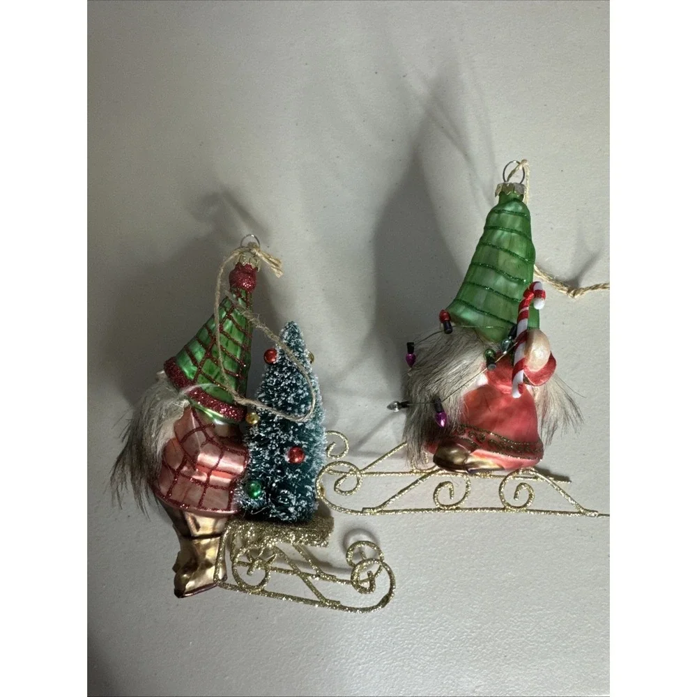 POTTERY BARN - New Mercury Glass GNOME Ornament Sled Faux Fur Beard - Set Of 2